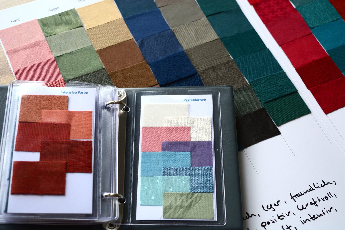 Kleines Buch, in dem auf Kärtchen geklebte Stoffe zusehen sind, sie sind Teil der Farbpalette bei einer Farbberatung.
